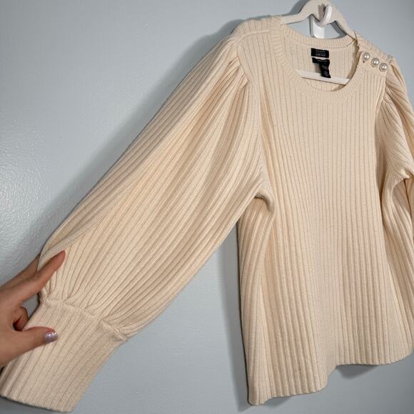 Cream Wool Cashmere Puff Sleeve Sweater Pearl Shoulder Coquette Winter Knit L - Picture 6 of 7